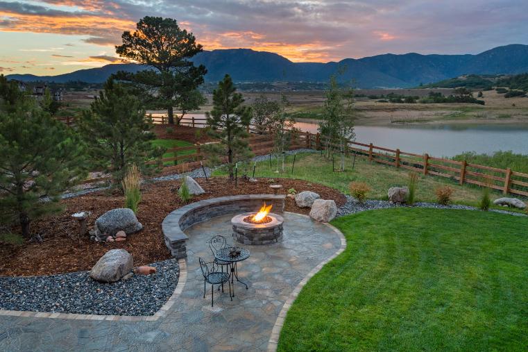 Back deck of a mountain home on a summer evening