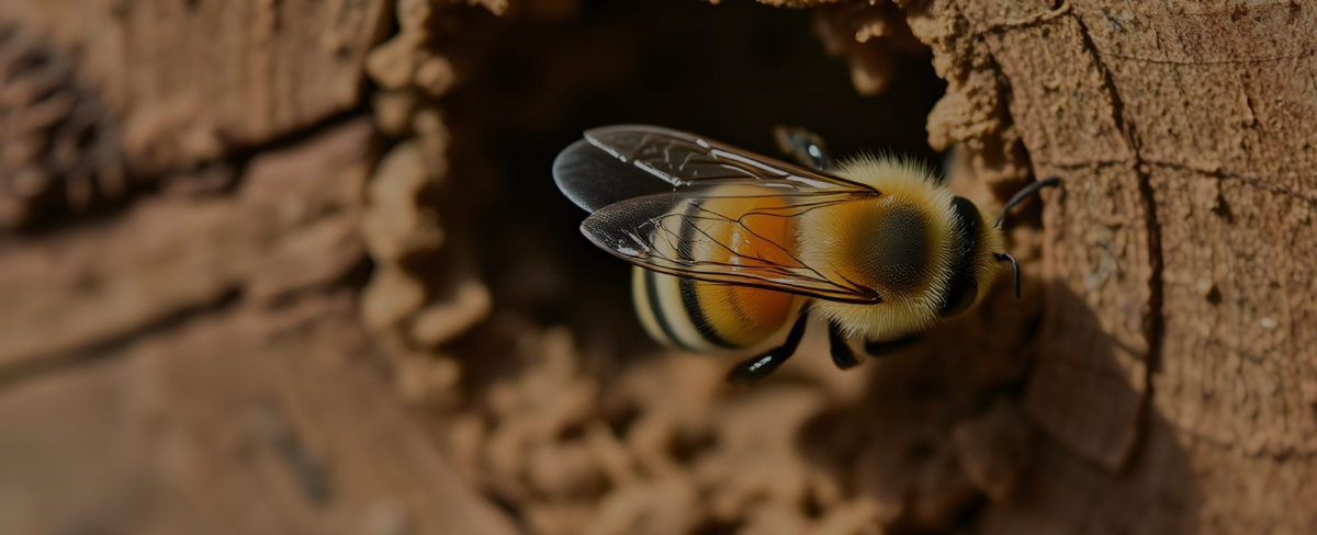 Carpenter bee at the entrance of a nest hole in wood