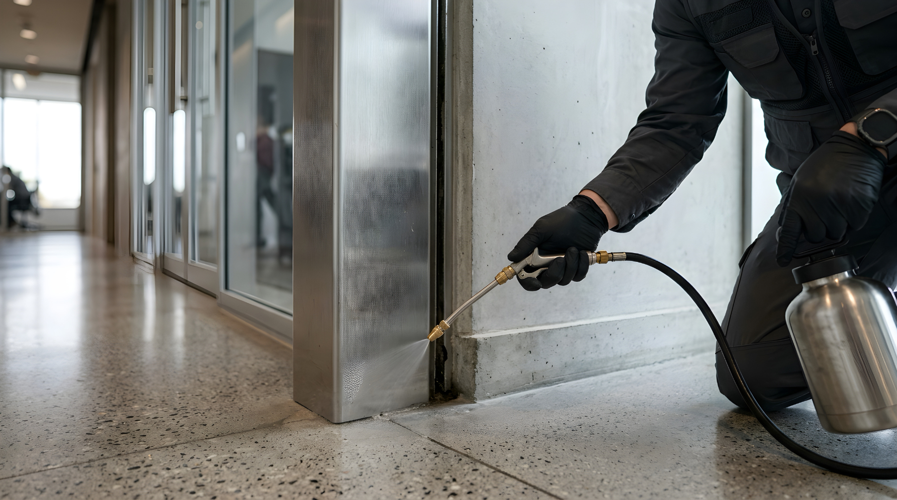 Technician applying pest control treatment along a commercial storefront