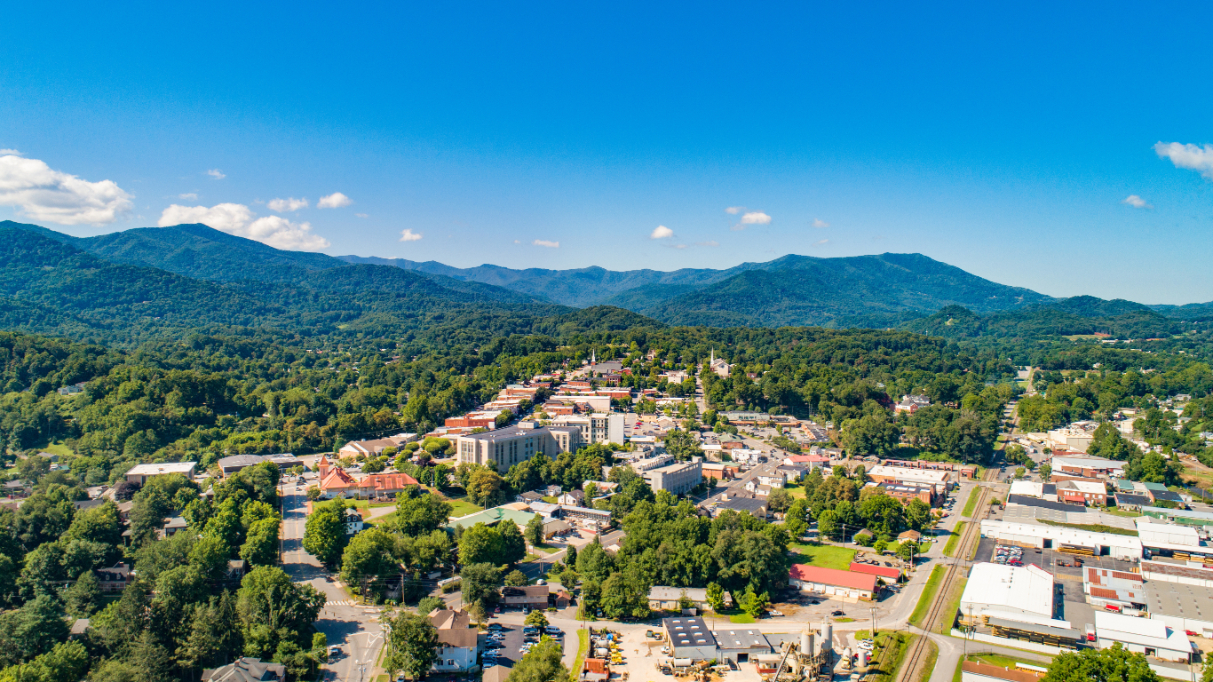 Aerial view of a Western North Carolina mountain town