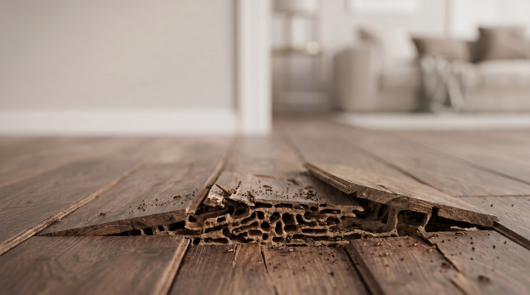 Termite damage in a hardwood floor